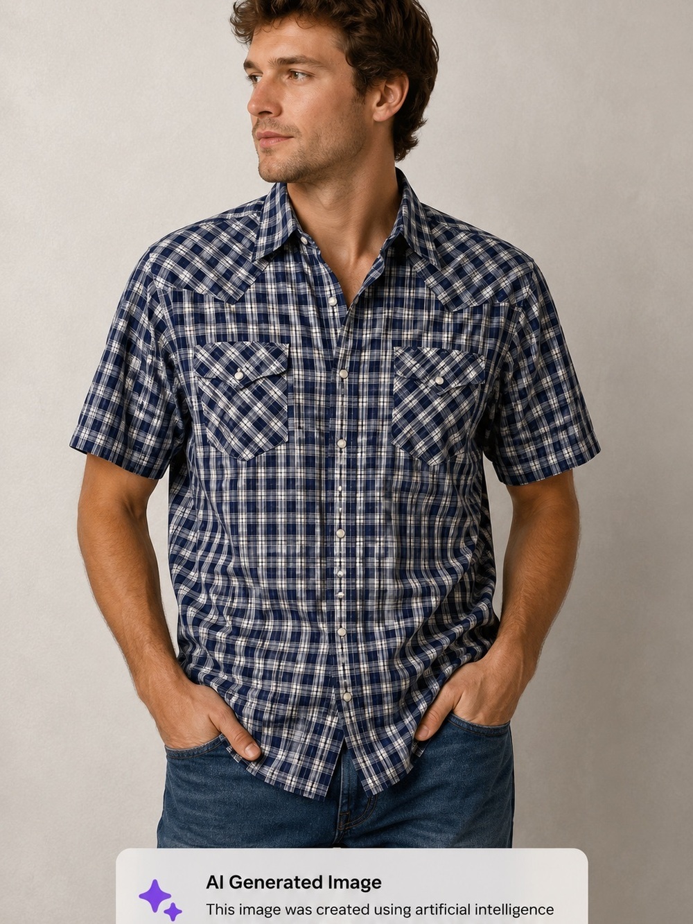 Ely Cattleman Men's Western Short Sleeve Shirt Blue & White Plaid Pearl Snaps